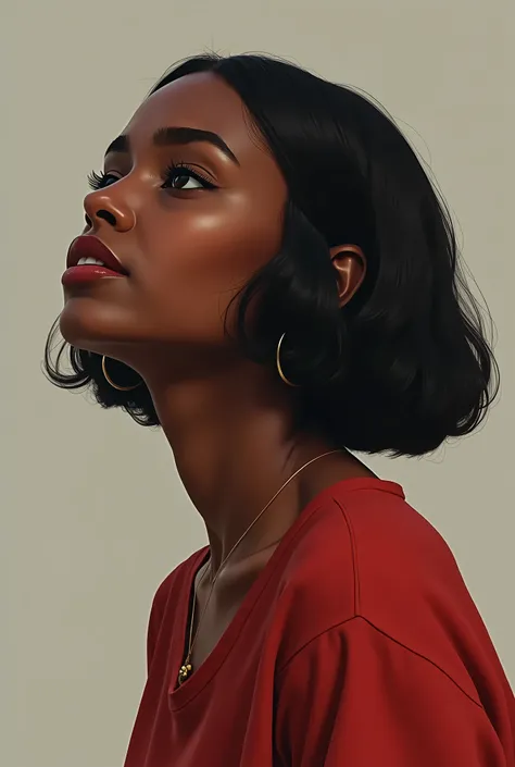 Beautiful African Woman、Brown Skin、Bobcut、profile、Red cheeks、Depression、Dark look、Epal eyes、Looking up at the sky、Red sleeved shirt