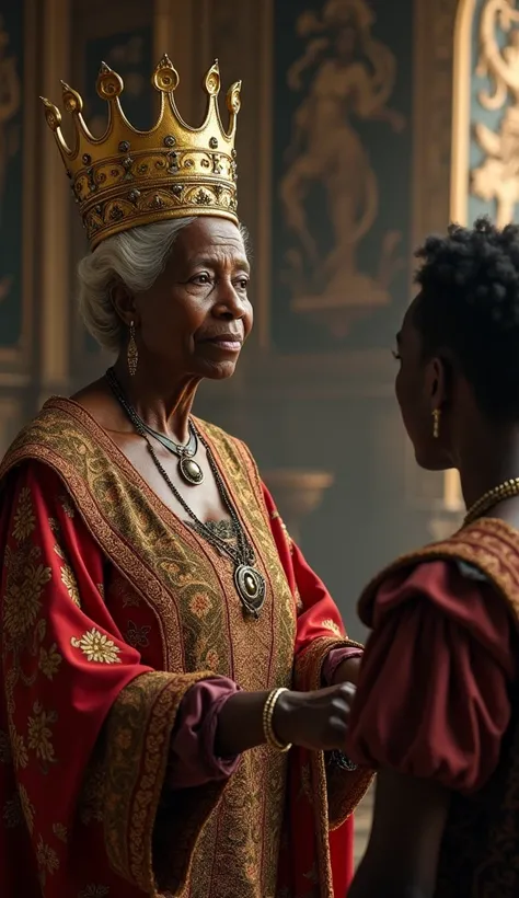 a black queen old woman, big golden crown in her head, ancient time, 1400s, a young 30 years old black boy takes her hand