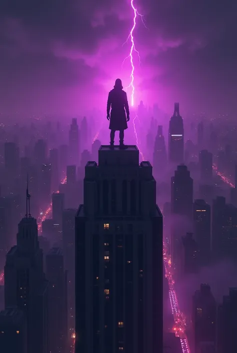 city in chaos , with purple neon lights , with a dark sky , with a person in a tall building as if he were a rap god