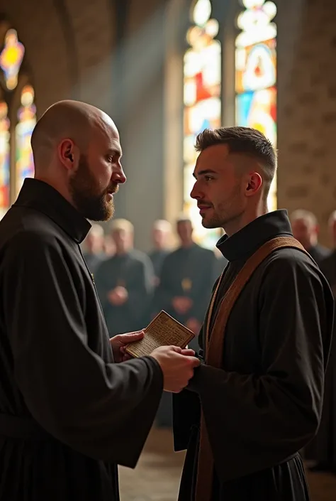 In a solemn and meaningful scene, a young white European monk is receiving his Benedictine monastic habit at Resurrection Abbey. He is a serene looking man, with short shaved hair, well-groomed goatee and mustache, which give it a discreet elegance. Your y...