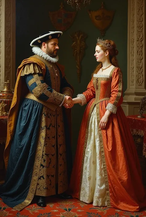 An oil painting of king henry VIII shaking hands with anne of cleves
