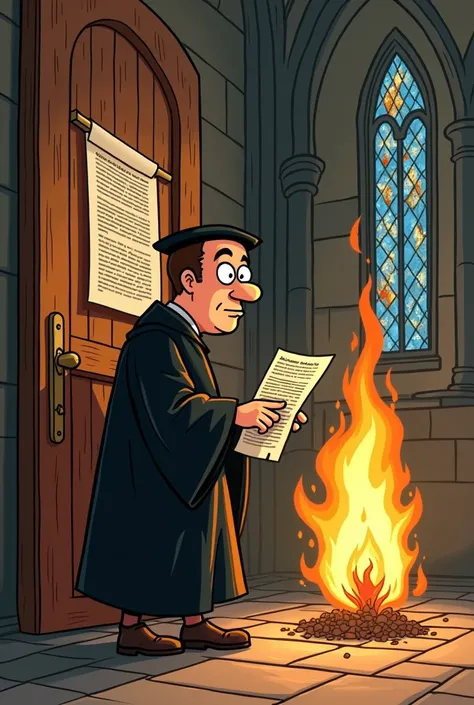 A cartoon of Martin Luther nailing the 95 theses to a church, with a lit flame representing the rebirth of faith.