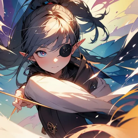 Eye patch、、Witch costume、elf、grimoire、magic circle、A look that seems to be relaxed、Long Hair, chest, bionde, ponytail, Pointy Ears, Highest quality,Wooden magic wand、One girl, Wizard、8K quality、Intense watercolor, Detailed watercolor art, Watercolor splash...