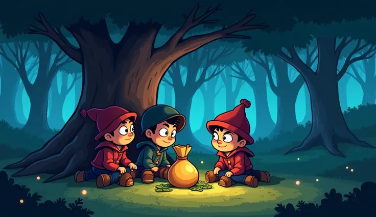 ***young three thieves go to one big forest and sit under big tree put bag of money beside them night time**cartoon 