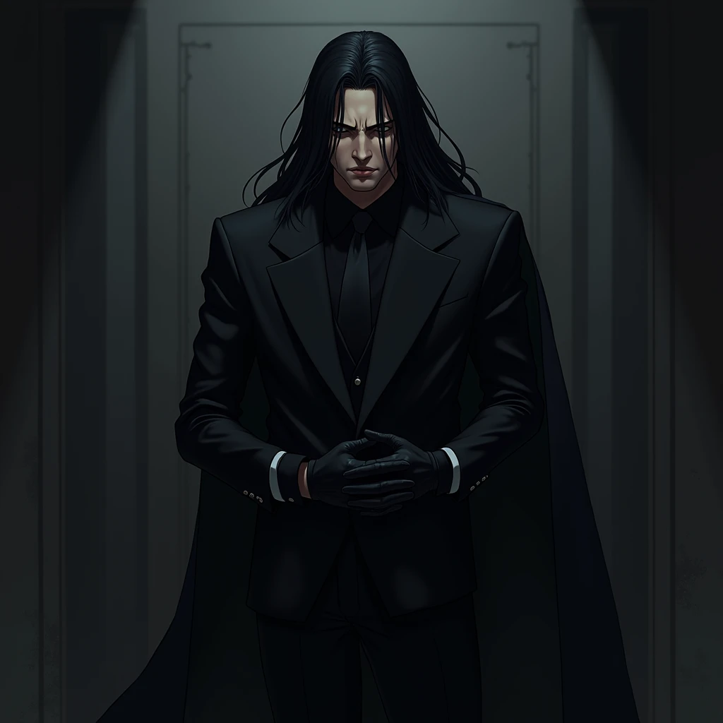 Black long hair black suit black gloves stomach ache
Anime, 