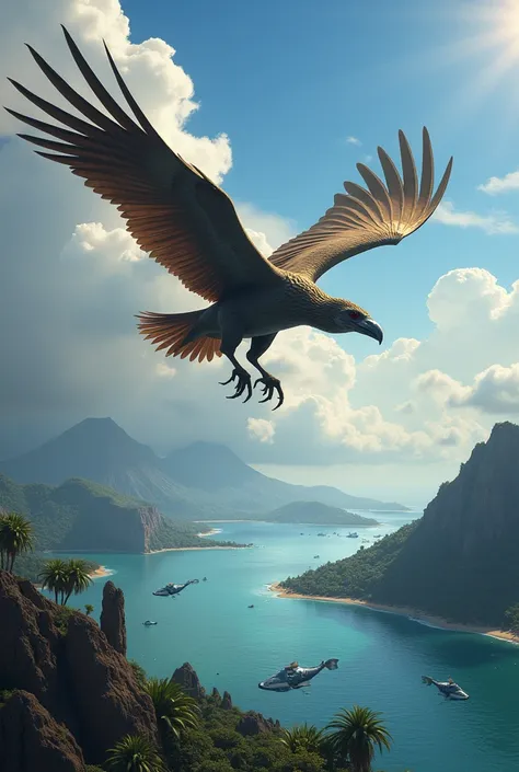 A majestic prehistoric bird called Teratonis soaring high in the skies. The bird is enormous, with a wingspan of 24 feet, featuring sharp beak and powerful talons. The Teratonis is flying over vast oceans and lands, hunting for fish below, while its shadow...