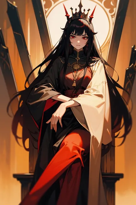 He wears a red crown and devil horns on his head., She ruled the demon world for a long time., straight hair.Black-haired Karak, Sitting on a mystical throne like a god, Sit on the throne and cross your legs., Eyes red, He is holding a black fancy sword,We...