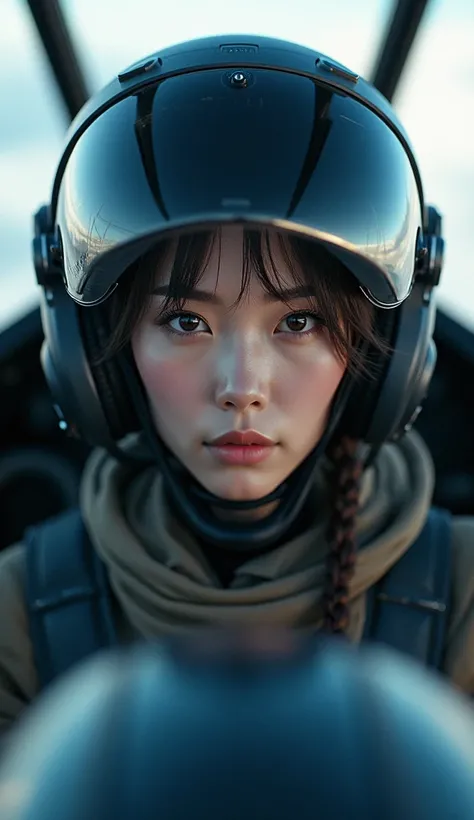 Ultra-realistic、Photorealistic、Beautiful Japanese Woman、The cockpit of the latest military fighter jet、fly in the sky、masterpiece、Focus on the face、The information is displayed in detail on the entire surface of the helmet.、Beautiful Eyes、The most advanced...