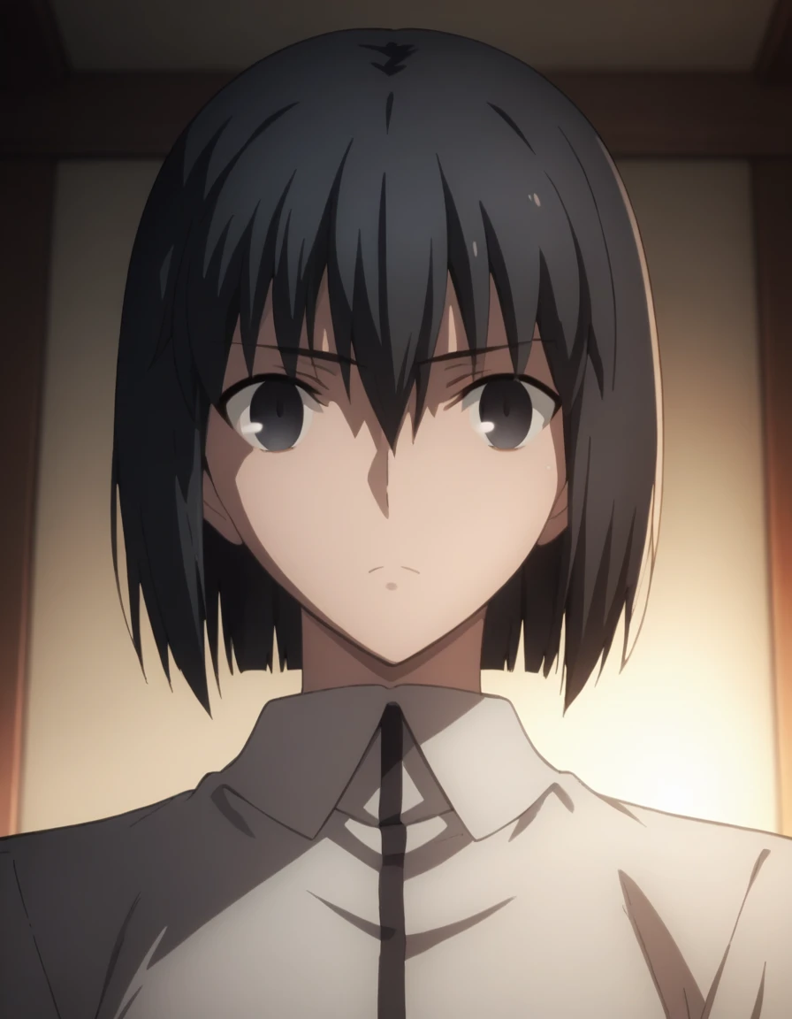 sauce_anime, ambient light,
fsn_ubw_style, 1girl ,tall girl, straight hair ,bob cut hair, black hair, deep black eyes, squinting, hair between eyes, perfect eyes , Perfect face, expressive eyes, 
(undress lace bra),,black jacket , slender body, slim body, ...