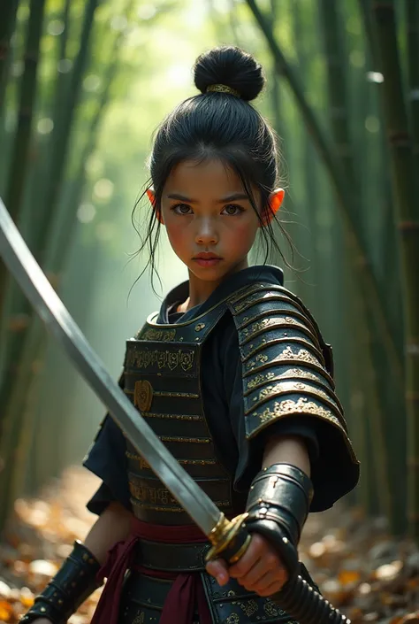 The face of an 1 samurai girl, ready to raise her sword in the middle of a bamboo grove.