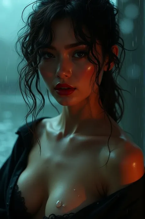 a hot lady, bare shoulder, sweaty skin droplets, shoulder off, red lips, wet hair, medium shot, rainy short dark cinematic, cleavage visible, one shirt strips goes down