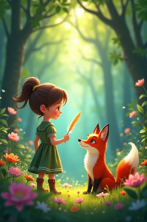 Lucy meeting a clever fox named Felix in the forest. Felix is sitting calmly with a playful smile, and Lucy is standing with the magical feather in her hand. The forest is alive with flowers, tall trees, and bright sunlight filtering through the leaves.