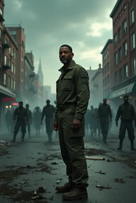 Will Smith, dressed in a worn, olive-green tactical jumpsuit, stands alone on a deserted New York City street, littered with trash and broken streetlights, with a subtle, eerie mist hanging low to the ground. In the background, dark silhouettes of zombies ...