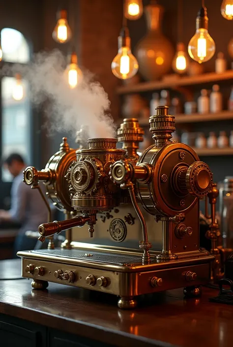 ((best quality, highly detailed)), cinematic, Ultra Highres. An intricately designed, steampunk coffee machine at the center of a bustling café, captured with dramatic lighting. The brass and copper gears gleam under the warm light of hanging Edison bulbs,...