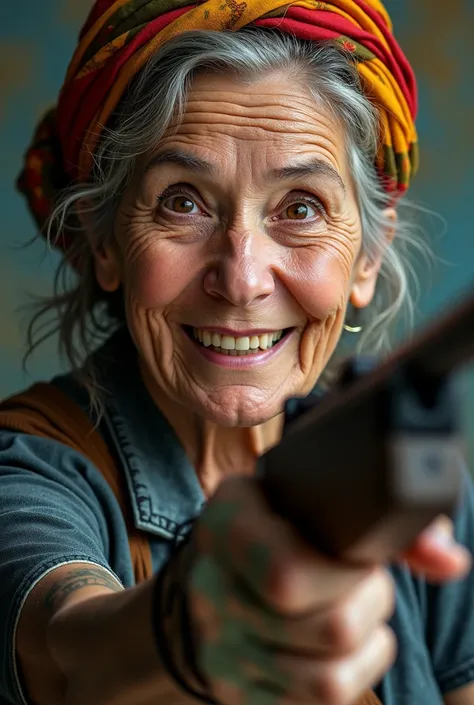 Old lady age 60 year old. Wear turban. No teeth smile. Have a big mole on cheek . Weaponize hand. Hand holding sniper. 