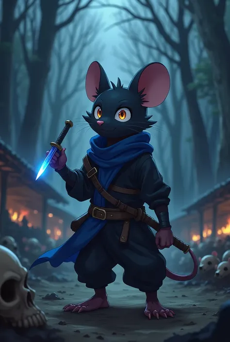 Black rat, brave face, anime animation, blue cloak, black ninja outfit, Red eye, small dagger in black hand with blue blade tip, muddy floor, Skull on the ground, at the forest, neblina at the forest, it&#39;s night, it&#39;s raining, village on fire in th...