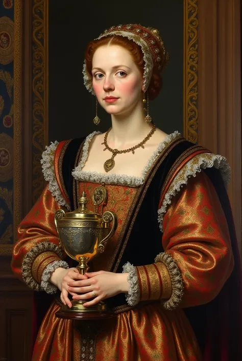 An oil painting of Catherine parr holding a trophy