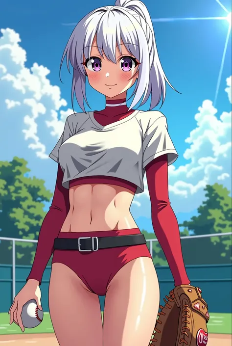 HD、Animation style、white hair 、Purple Eyes、girl、High school student 、Medium long single ponytail、Baseball player、Light color short sleeve top、Long sleeve red underwear、plump breasts、Good shape、Thin、black belt、Sky、cloud、sunny、Baseball field、baseball glove、H...