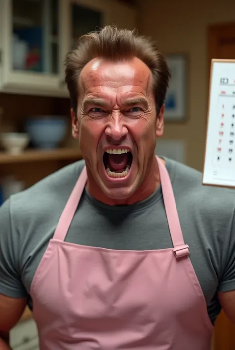 Generate a close-up image of Arnold Schwarzenegger holding a calendar in his hand, as if hes angrily pointing something out about it. His facial expression should be exaggerated and intense, with wide-open eyes and his mouth agape in a furious, dramatic wa...