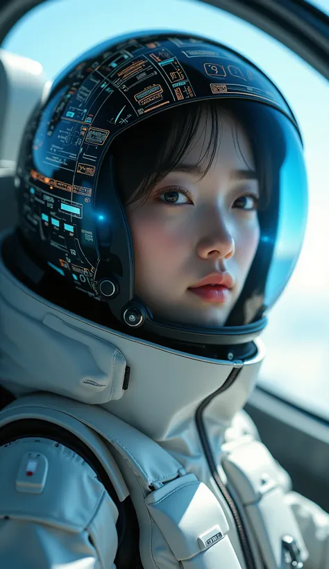 Ultra-realistic、Photorealistic、Beautiful Japanese Woman、Translucent white skin、The cockpit of the latest military fighter jet、fly in the sky、masterpiece、Focus on the face、The information is displayed in detail on the entire surface of the helmet.、Beautiful...