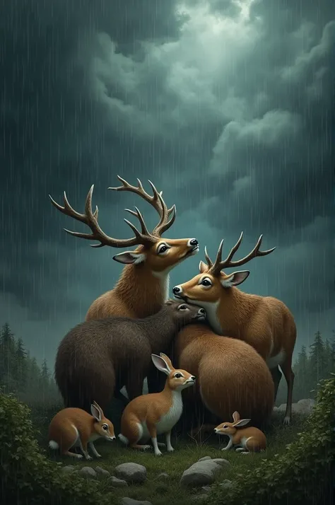 The storm hits and the animals help each other stay safe 