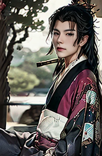 A glamorous entertainment district,Shiny and gorgeous clothing,He has his shoulders exposed and is smoking a pipe.,A male courtesan with a slim and handsome face,Eight hairpins in her hair,She has a sad, inviting smile on her face.