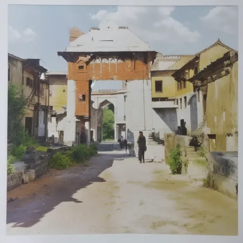 Outdoor urban scene, historical indian building, arched entrance, rustic houses, sunlight, shadows,detailed architecturc, cultural ambiance.