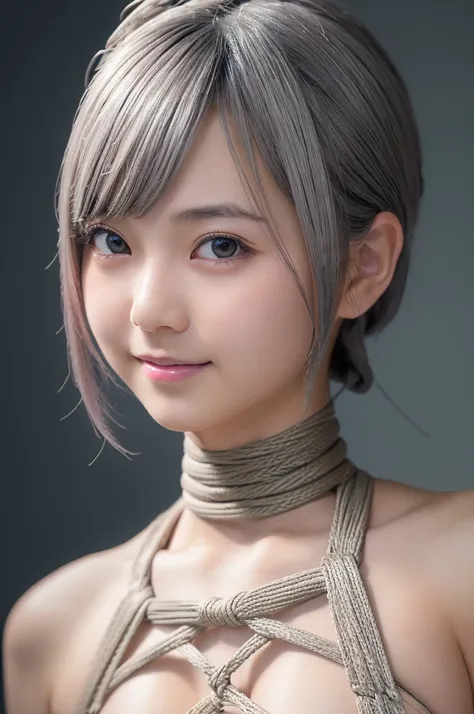 Young and beautiful Japanese girl with platinum silver short hair,(Ultra detailed eyes,big, clear eyes,Droopy eyes,Cute eyes:1.0),A balanced perspective,Ultra detailed face,A kind smile,(blush,Bondage Costumes,shibari,BDSM:1.25),Highly detailed and realist...