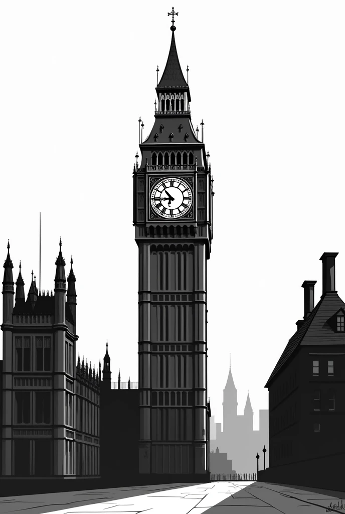 Cartoon of a clock tower, black and white color image