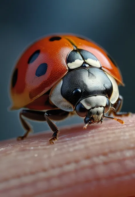 closeup of a of a ladybug sitting on the tip of your finger and about to fly away, his wings are opened,highly detailed, photorealistic, cinematic lighting, sharp focus, 8k, masterpiece