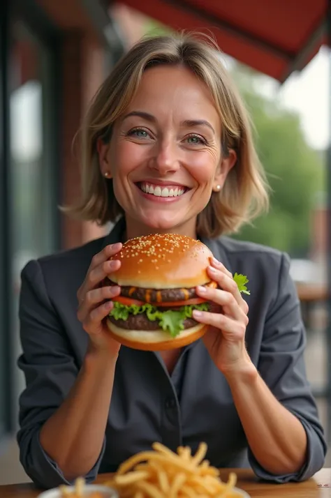 Caroline van der Plas with hamburger 
