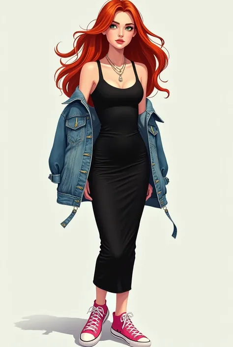 White woman with red hair wearing a black dress with pink sneakers and a denim jacket