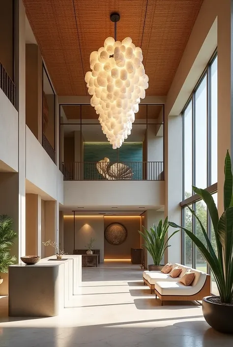 A modern tropical architecture boutique hotel lobby with a modern chandelier made with CAPIZ. The interior was made with bamboo, concrete,slats, and breeze blocks and a window with a weaved screens. The color palette are shades of blue, beige, pink beige, ...