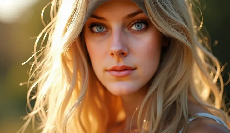 Slow zoom-in shot: The camera moves slowly towards the womans face, capturing the natural sunlight reflecting off her blonde hair, highlighting her bright blue eyes. The soft breeze gently moves strands of her hair as she gazes directly into the camera wit...