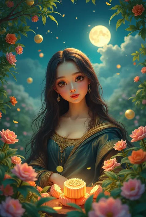 (best quality,4K,8K,high resolution,masterpiece:1.2),Extremely detailed,(Practical,photoPractical,photo-Practical:1.37),rich and colorful, Energetic, Illuminated scene, Moonlight Garden, mona lisa girl surrounded by ethereal light, Flowing long hair, Delic...