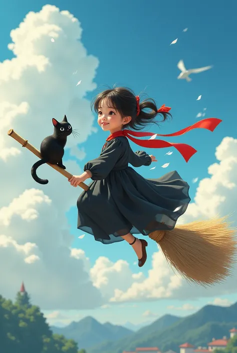 Girl in black dress: A girl wearing a black dress that comes just above her knees。A large bright red ribbon on her head。Smiling and having a positive attitude。
Bamboo broom: With a magic broom design、Bamboo broomを持って空を飛んでいる。The broom is simple、Natural mate...