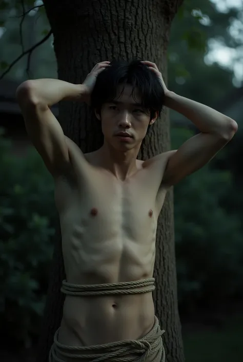 short young man、Black disheveled hair、Completely naked、Full nudity、完全Completely naked、Naked、Slim body、Realistic Hyper-Realistic、Real Japanese、UHD  8k、Detailed Photos、Perfect Face、Embarrassed look、Her whole body is tied to a tree trunk with rope、garden、nigh...