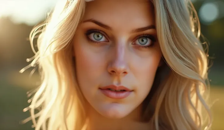 Slow zoom-in shot: The camera moves slowly towards the womans face, capturing the natural sunlight reflecting off her blonde hair, highlighting her bright blue eyes. The soft breeze gently moves strands of her hair as she gazes directly into the camera wit...