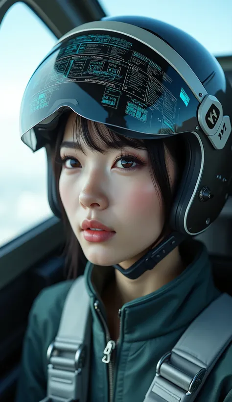 Ultra-realistic、Photorealistic、Beautiful Japanese Woman、Translucent white skin、The cockpit of the latest military fighter jet、fly in the sky、masterpiece、Focus on the face、The information is displayed in detail on the entire surface of the helmet.、Beautiful...