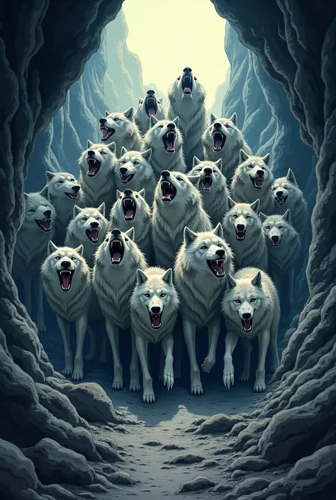 There are hundreds of wolf packs of animals.。
The coat is grey.、Roaring in the cave。
Manga style
