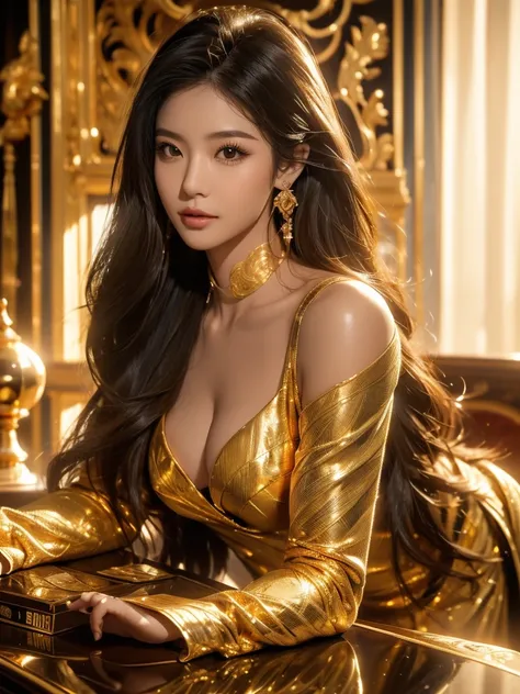 a sexy asian girl wearing a racing suit, smiles, surrounded by gold and money, (best quality,4k,8k,highres,masterpiece:1.2),ultra-detailed,(realistic,photorealistic,photo-realistic:1.37),intricate details, highly detailed face, deep penetrating eyes, perfe...