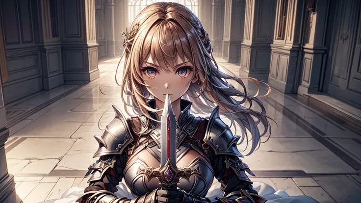 (((best quality, High resolution, Textured skin, high quality, Precise CG unification, extremely detailed game CG, masterpiece))), (Solo), ruined castle, magic circle, flaming sword, brown hair, shortcut hair, heavy armor, swordup, looking at viewer, close...