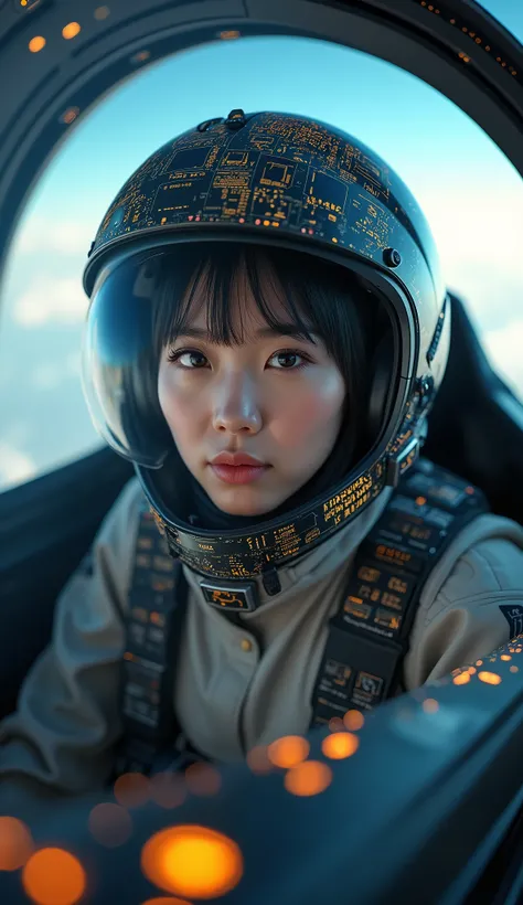 Ultra-realistic、Photorealistic、Beautiful Japanese Woman、Translucent white skin、The cockpit of the latest military fighter jet、fly in the sky、masterpiece、Focus on the face、The information is displayed in detail on the entire surface of the helmet.、Beautiful...