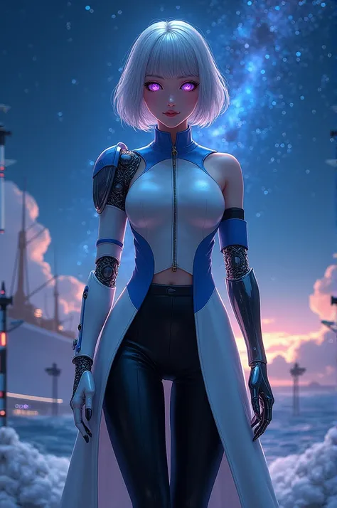 (1 Girl, Solitary, Solitary), (I&#39;m going, short hair, (Purple Eyes:1.3), Gray hair, Eye mask, Eye mask, Single Robotic Arm, Silver Hair,short hair, 淡Purple Eyes), ((Solitary, (1 female,Pink lipstick ), Extremely detailed , Soft ambient lighting, 4K, Pe...