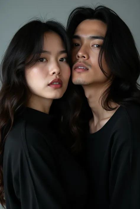 cinematic potrait cinematic,(close up)an indonesian man with long wavy dark hair, wearing black clothes and a woman with long dark hair, wearing black clothes, during a photo shoot, pose dynamis, black and white nuances