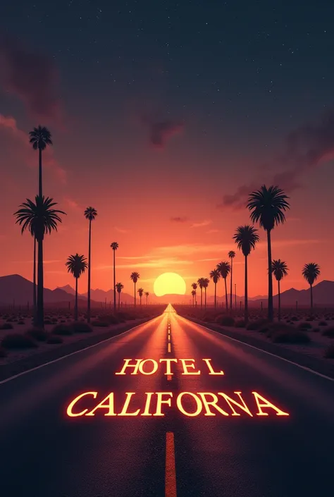 Create an artistic image featuring the quote "You can check out anytime you like, but you can never leave" from the Eagles song "Hotel California." The background should evoke a sunset or night sky over a desert highway, with subtle hints of palm trees and...