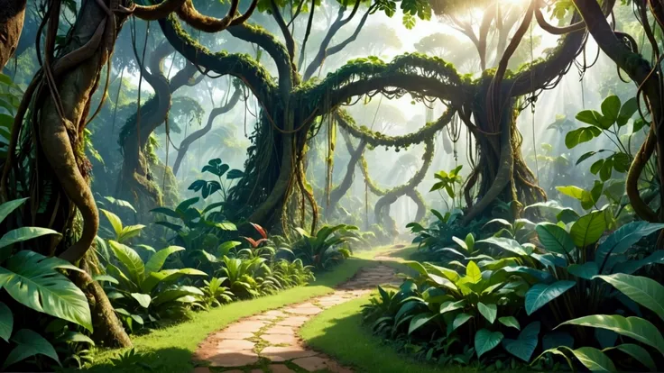 Create a scene of exploring the jungle, focusing on the dense, vibrant greenery. Show towering trees with thick, intertwining vines, and large, colorful leaves. Include details like a winding path through the jungle with patches of sunlight filtering throu...