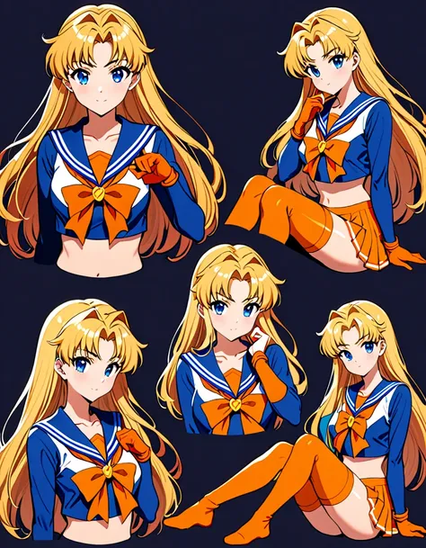 (masterpiece), (best quality), (high res), sailor Venus, tall body, beautiful detailed eyes, beautiful detailed face, serious, perfect hands, complete fingers, perfect anatomy, perfect proportions, ((blonde hair, long hair, hair down)), ((blue eyes)), (( s...