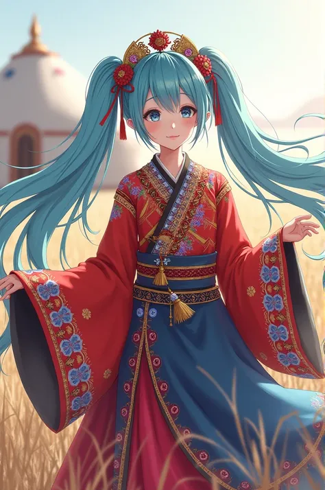 Hatsune miku wearing a traditional Mongolian deel.