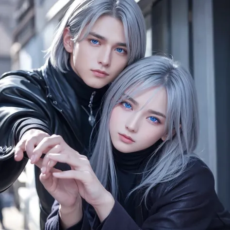 male、Gray Hair、Bright Blue Eyes、Perfect eye depiction、Black clothes、nice、good looking、expensive、There is a purple aura around the hand、the strongest character、youth、２０generation、Smooth Skin、[Masterpiece]、[イケメンの好youth]、[Focus on the eyes]